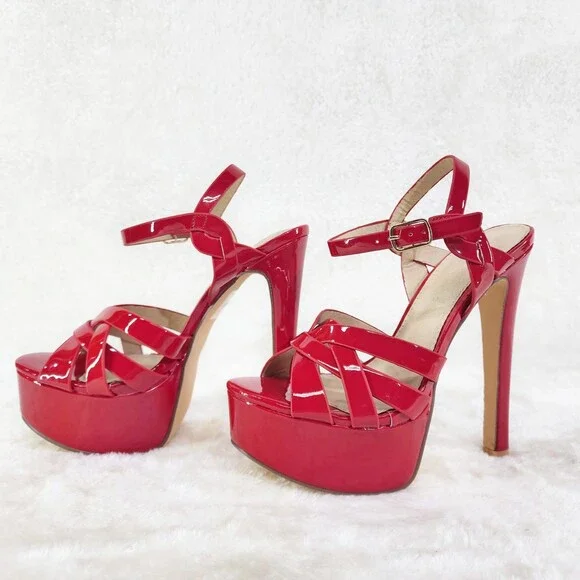NIB Rihbah Red Patent Platform 6" Stiletto High Heels Ankle Strap Sandal Shoes - Picture 3 of 15